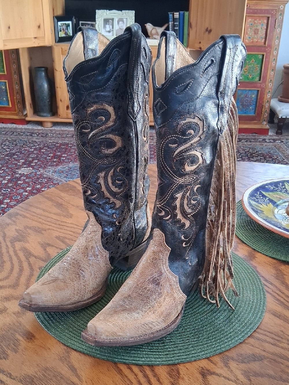 Corral Vintage Leather Brown Tan Inlay Snip Toe Fringe Western Boots Size 7 - Picture 13 of 13